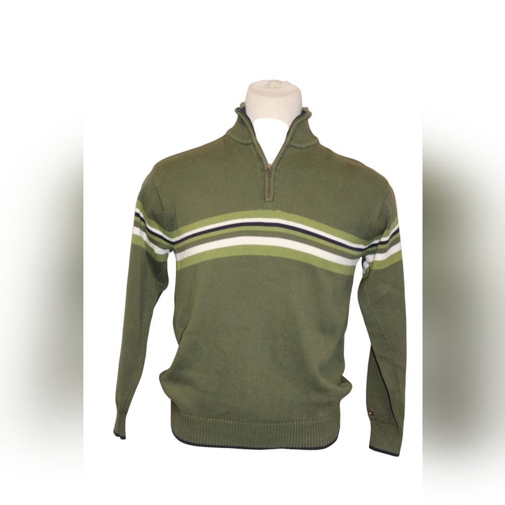 Vintage, Tommy Hilfiger Green and White 1/4 Zip  Sweater Y2K, Preppy